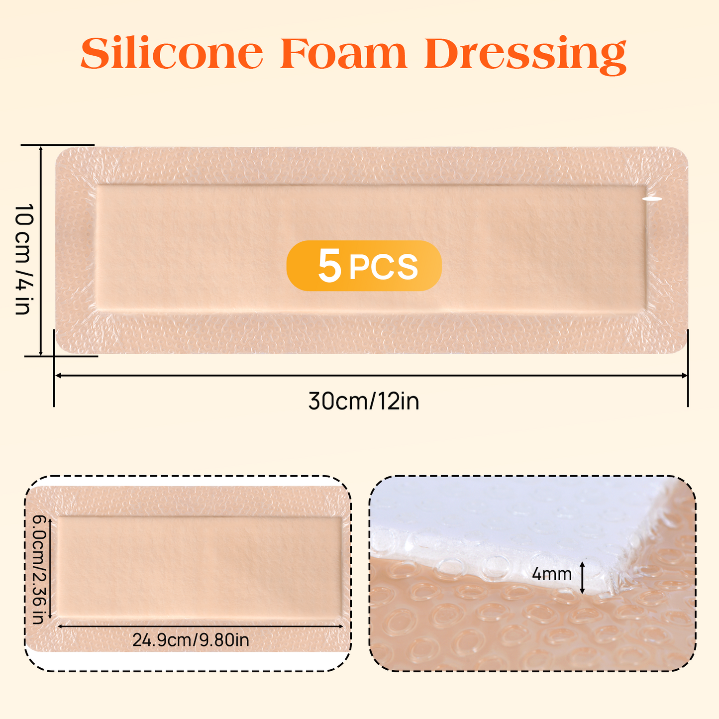 Silicone Foam Dressing - Long Adhesive Foam Bandage for Surgical Incisions and Wound Care, Waterproof and Gentle on Skin 4"×12" (5pcs)