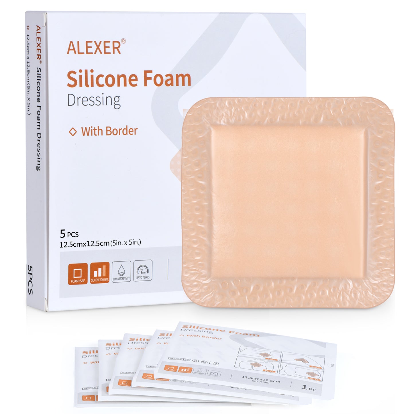 Silicone Foam Dressing with Border, 5"×5"(5 pcs) Gentle Adhesive Foam Dressing for Wound Care