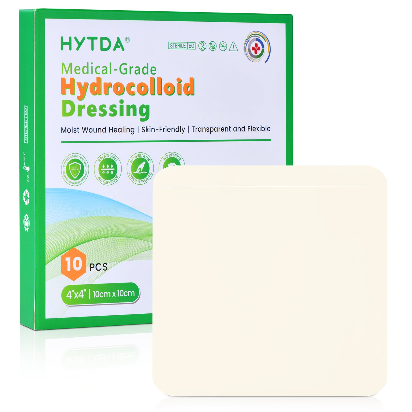 Hydrocolloid Dressing Bandages, 4'' x 4''(10 Pcs) Adhesive Large Dressing for Wound Care, Waterproof Bandage Patch for Low Exudate Wound