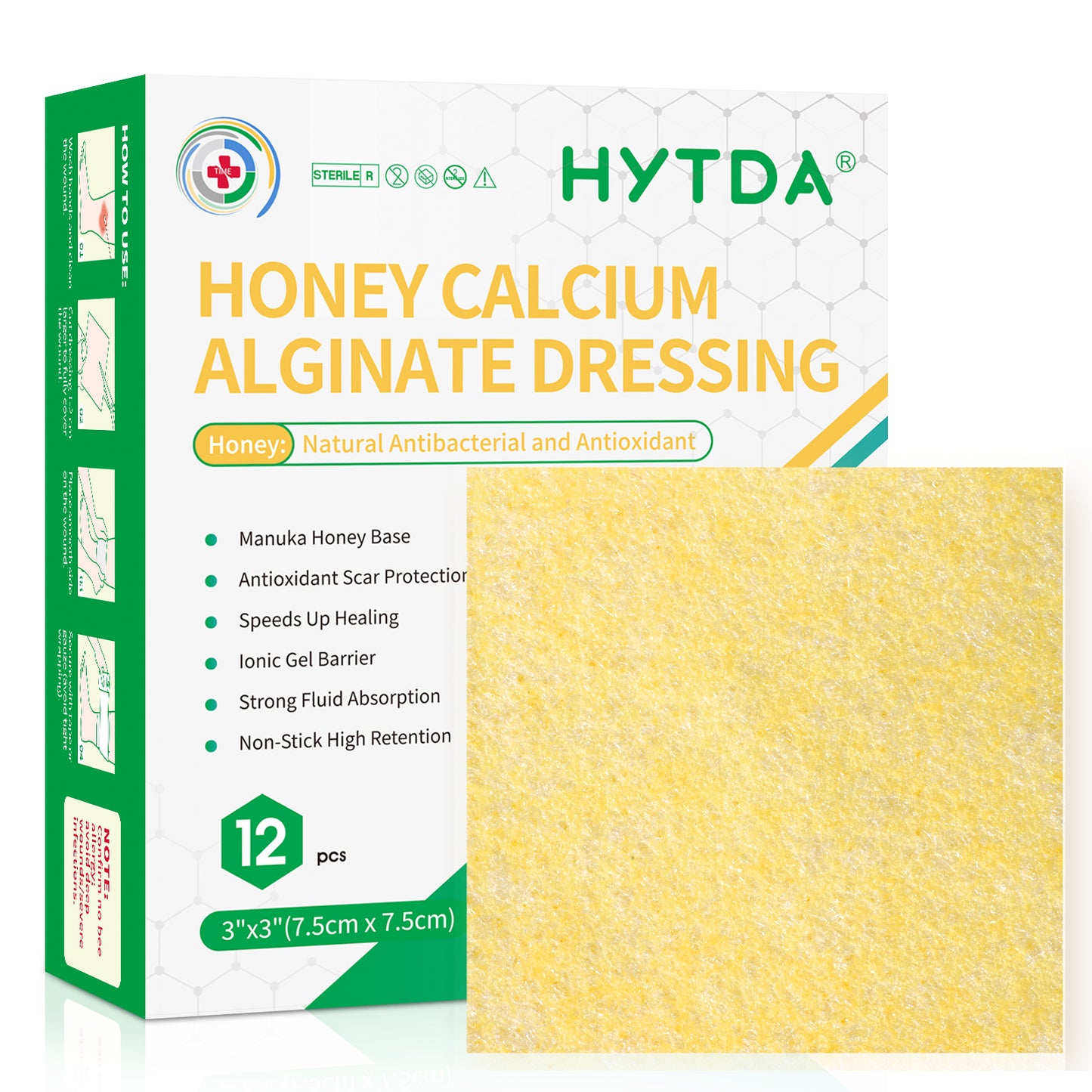 Manuka Honey Calcium Alginate Wound Dressing, 3×3 Inches, 12 Individual Pack- Wound Care for Moist Healing, Highly Absorbent Dressing with Calcium Alginate for Pressure Sores, Ulcers