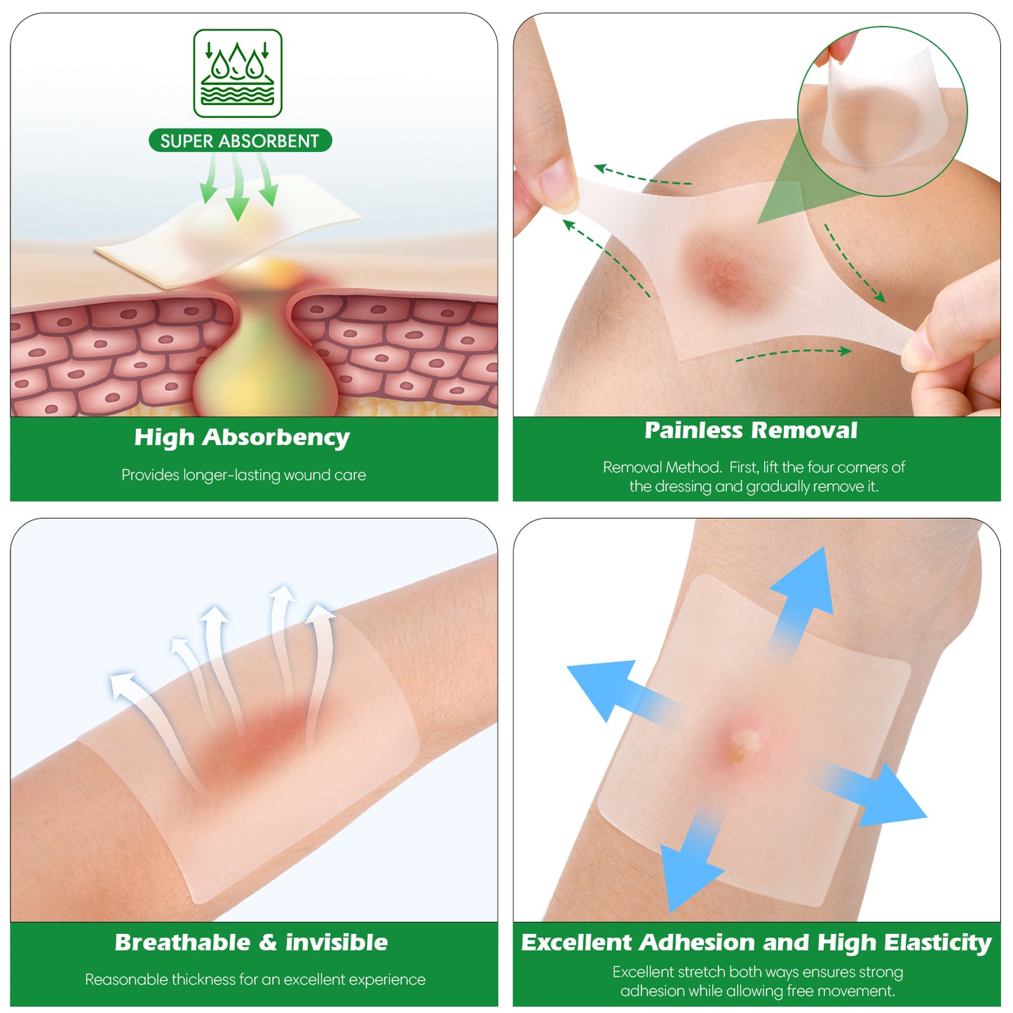 Hydrocolloid Dressing Bandages, 4'' x 4''(10 Pcs) Adhesive Large Dressing for Wound Care, Waterproof Bandage Patch for Low Exudate Wound