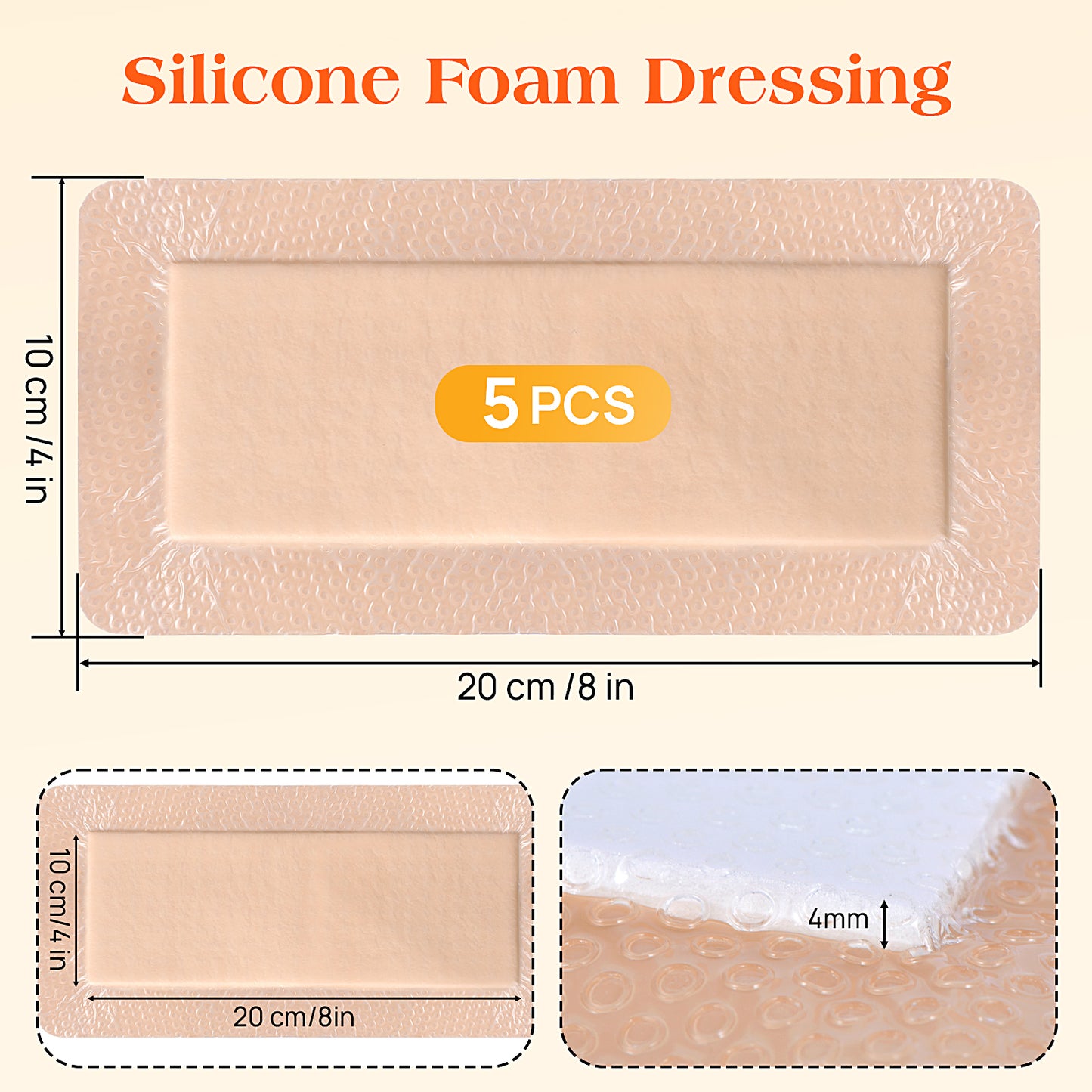 Silicone Foam Dressing with Border, 4"×8" (5Pcs) Gentle Adhesive Foam Dressing for Wound Care,Waterproof,Breathable