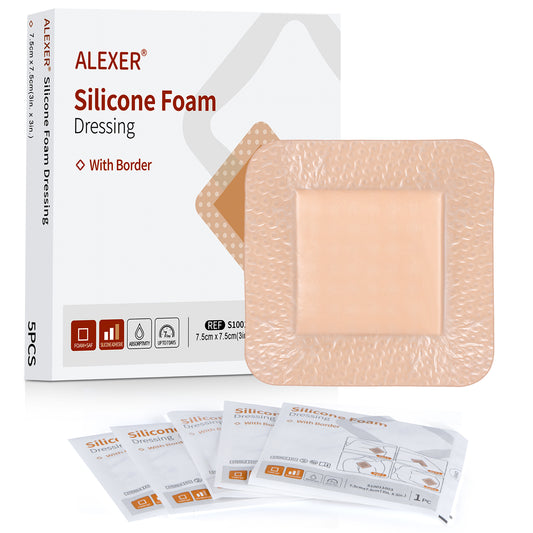 Silicone Foam Dressing with Border, 3"×3"(5 Pcs) Gentle Adhesive Foam Dressing for Wound Care,Waterproof,Breathable,Highly Absorbent