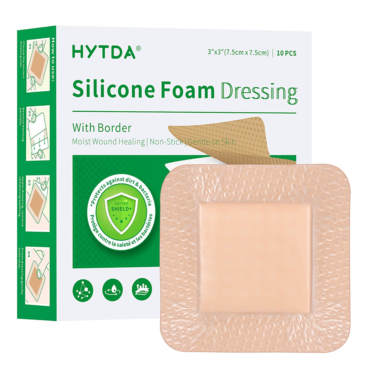 Silicone Foam Dressing with Border,3"×3"(10pcs) Gentle Adhesive Foam Dressing for Wound Care,Waterproof,Breathable,Highly Absorbent