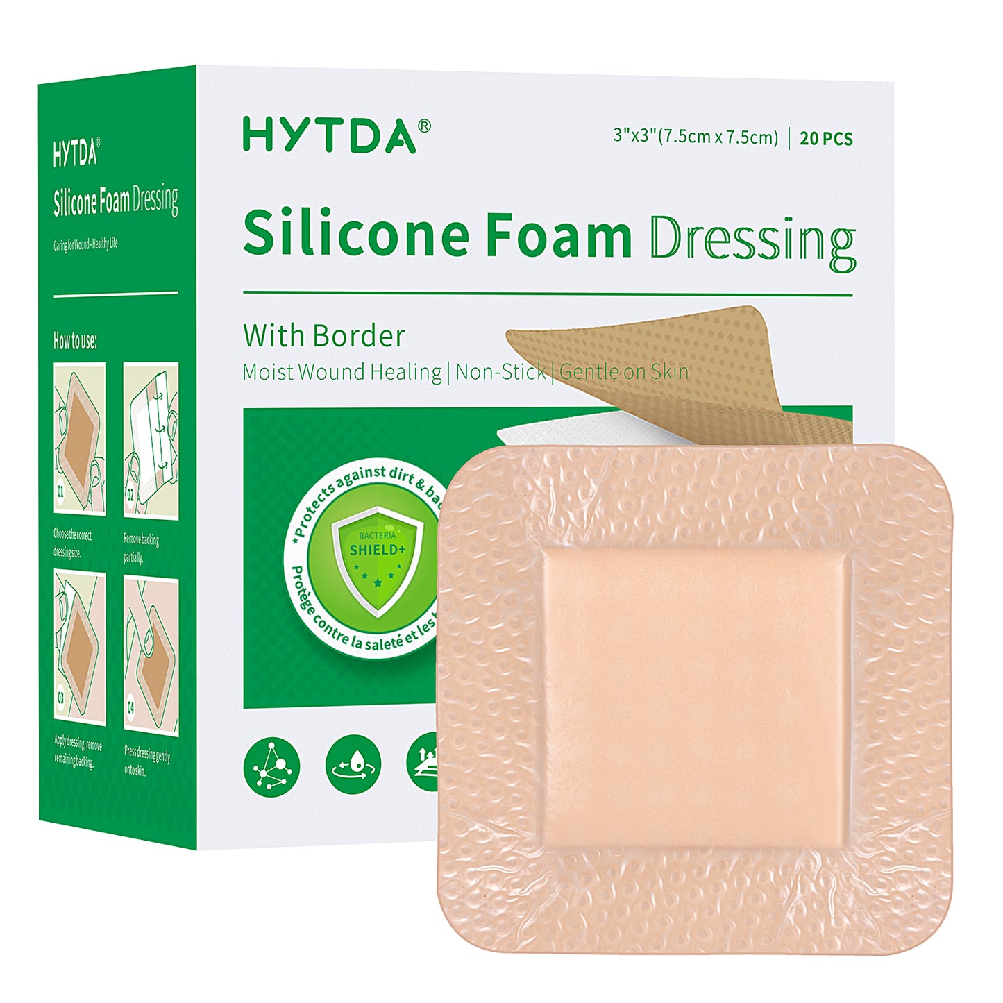 Silicone Foam Dressing with Border, 3"×3"(20 pcs) Gentle Adhesive Foam Dressing for Wound Care