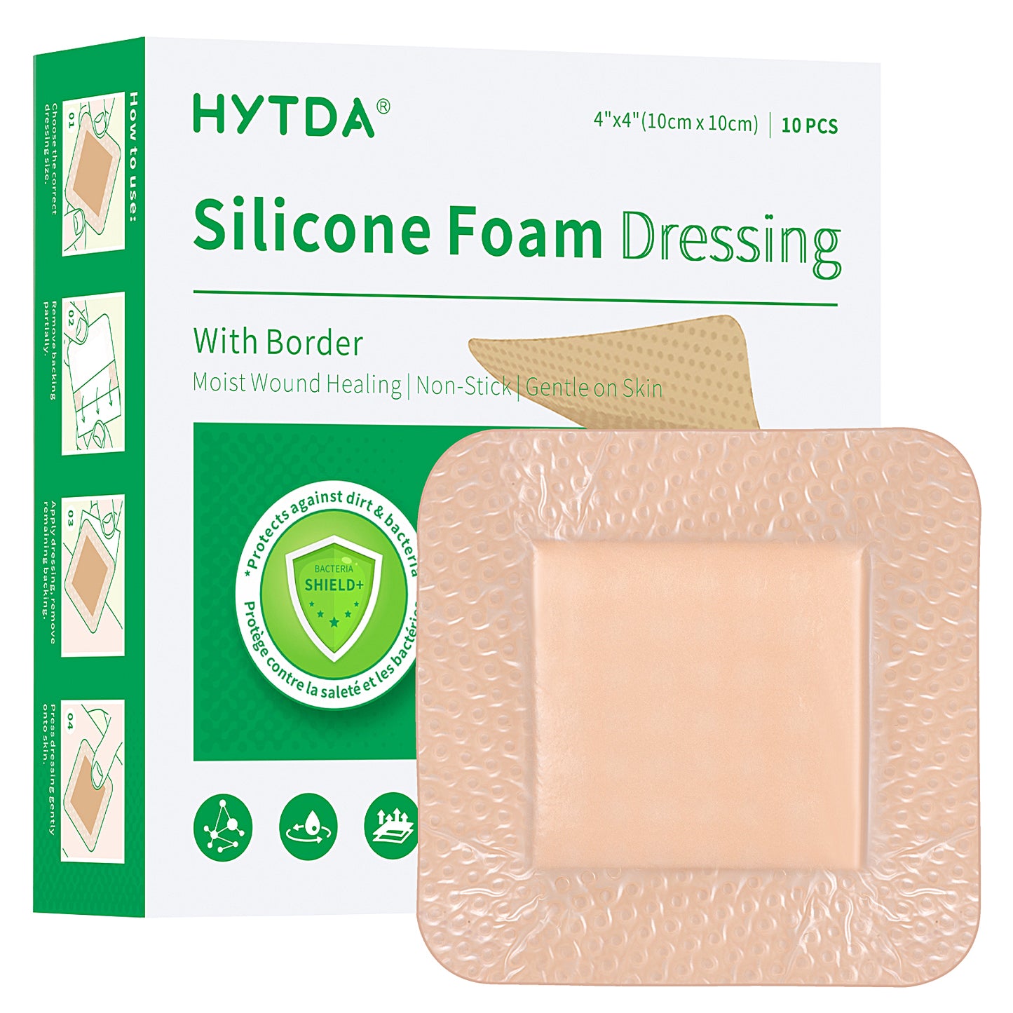 Silicone Foam Dressing with Border, 4"×4"(10 pcs)Waterproof,Breathable,Highly Absorbent Silicone Bandage Care for Pressure Sores, Ulcers