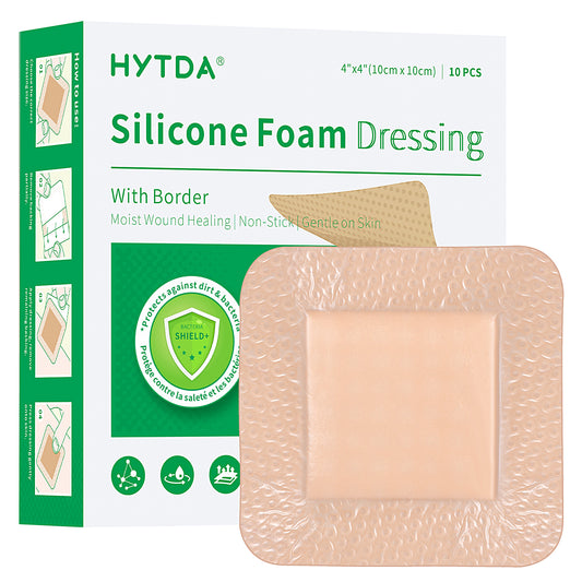 Silicone Foam Dressing with Border, 4"×4"(10 pcs)Waterproof,Breathable,Highly Absorbent Silicone Bandage Care for Pressure Sores, Ulcers