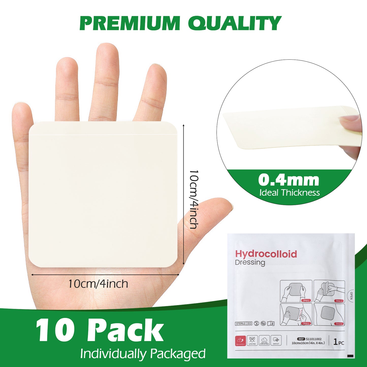 Hydrocolloid Dressing Bandages, 4'' x 4''(10 Pcs) Adhesive Large Dressing for Wound Care, Waterproof Bandage Patch for Low Exudate Wound