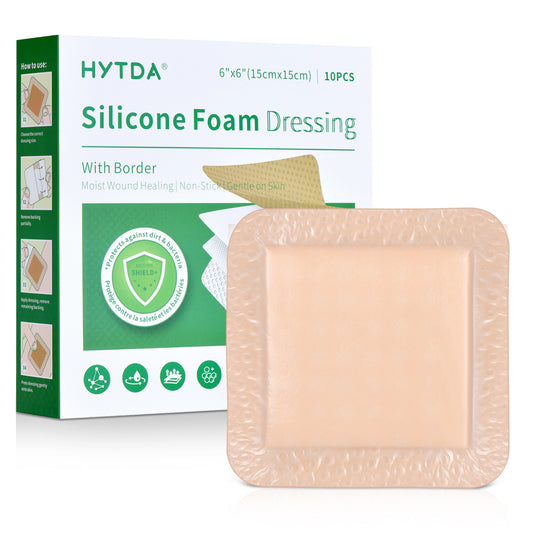 Silicone Foam Dressing with Border, 6"×6"(10 pcs) Gentle Adhesive Foam Dressing for Wound Care